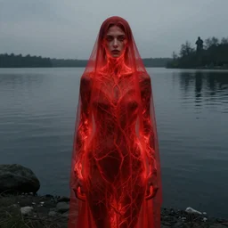 portrait, shore of the lake, woman, wrapped around by veins, veiled, glowing red, by edgar maxence and ross tran, zdzisław beksinski, and michael whelan, distant, gustav dore, h. r. giger, 8 k, octane render