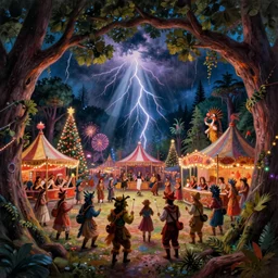 closeup of a night carnival inside a tree cavity in a magical forest in the middle of a summer storm, with a music scenario with many fireworks and christmas lights, volumetric lightning, instense god rays in the sky, folklore people disguised with fantastic creatures in a magical forest by summer night, masterpiece painted by ary scheffer, very coherent and colorful high contrast masterpiece,
