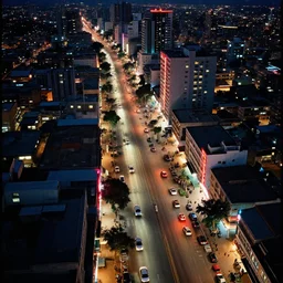 drones above - a neon lit - lagos urban street - in nigeria, cinestill 8 0 0 t photograph, illustration in the style by philippe bouchet,