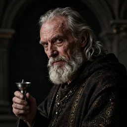 portrait of an old, melancholic medieval alchemist in the dark, he is turned to the left side, and looking into the camera maliciously, maliciously!!!. chiaroscuro lighting, fantasy, detailed, photorealistic portrait by michael komarck, greg rutkowski, victo ngai, artgerm and j. dickenson