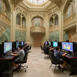 1 9 0 0 s, art nouveau, two boys playing game at a spacious gaming room with their hi - tech gaming setup, intricate, highly detailed, spacious, indoor, architecture, art by filip hodas and artgerm