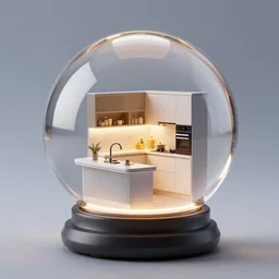 crystal ball with mini modern kitchen with led strip lights inside it, octane render hyperdetailed,