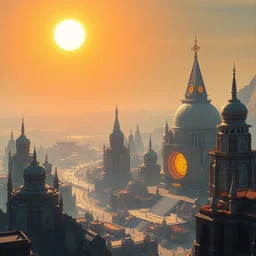 futuristic majestic solarpunk city, temples with one giant diamond structure and one giant sphere, bright sun magic hour, digital painting, solid cube of light, hard edges, artstation, concept art, sharp focus, illustration, 8 k highly detailed, ray traced