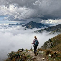 painting by sargent and leyendecker and greg hildebrandt savrasov levitan above the low clouds on new zealand sokotra faroe island a woman hiking in the mountains overcast thunder storm