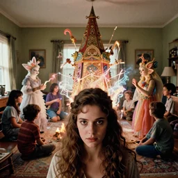 movie still by alejandro jodorowsky of a beautiful day in a family art room in a suburban usa, visible magic energy, pretty dream creature costumes, mystical cult ritual, big magic parade float, cinestill 8 0 0 t eastmancolor technicolor, high quality, very detailed, heavy grain, fine facial features, 8 k, octane render
