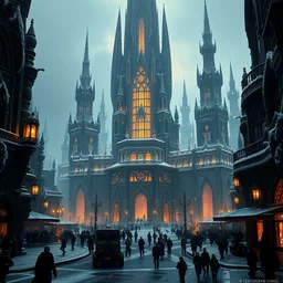 a city built by powerful magic, a city of black obsidian crystal thin towers, different levels, elegant organic crystal - like architecture, obsidian glass, snow, magical lights, marchand and crowd in the street, scenic view of a plaza, dark fantasy, by christophe young and raphael lacoste, cinematic and dramatic lighting