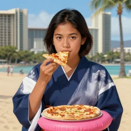 portrait of a Asian Mexican mix race young woman school with short hair wearing a navy and white sepuku uniform and eating a pizza on a pink floatie in Kalakaua avenue in Waikiki beach, intricate, elegant, highly detailed, centered, digital painting, artstation, concept art, smooth, sharp focus, illustration, by Peter Mohrbacher, WLOP