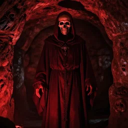 hades, god of the dead, in a dark crimson robe, photographed in the paris catacombs, with eerie red lighting