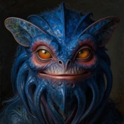 close up portrait of a mutant monster creature with face in the shape of a colorful exotic dark blue carnivorous plant, eyelids like moth wings. by jan van eyck, audubon