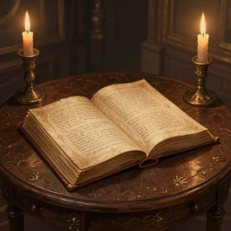 an illustration of a single open ornate spell book on an antique table, dark candlelit room, multiple angles, by kopinsky