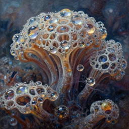 cgsociety, hyperdetailed tapestry, rendering of shiny reflective specular dew drops forming in a colony of mycelium microplastics fused into rare lattice serpent sunstones, airbrush painting by Alfred Kelsner, glowing, trending on artstation, reflective movie still, imax 70 mm footage