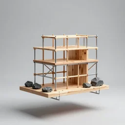 floating small scaffolding sculpture made with, woods, steel and metal, rock details, bright construction materials, photorealistic, studio lighting, product photography, high octane, higly detailed, minimalist, made with unreal engine, inspired by yves tanguy, by nate boyce, by david smith, sony a 6 3 0 0, 5 0 mm fe f / 1. 8