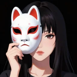 a jealous woman cover by oni mask on half of her face, black background 5 5 mm, potrait, digital art, japanese anime style