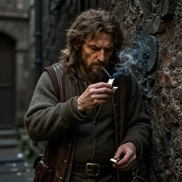 Drug addict hobbit smoking crack in a dark alley, ultra realistic, concept art, intricate details, dark, highly detailed, photorealistic, octane render, 8k, unreal engine, art by artgerm and greg rutkowski and alphonse mucha