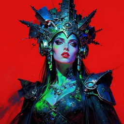 princess of the wasteland, scrap metal headdress, strong line, vivid neon color, red blue green black, high contrast, beautiful! coherent! by brian froud, by frank frazetta, low angle