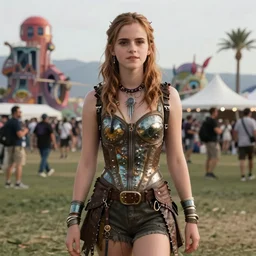detailed ultrarealistic 4 k photography front full shot of emma watson, coachella festival, postapocalyptic, fantasy, starwars, cinematic