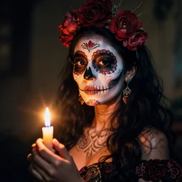 grainy film beautiful Mexican actress in sugar skull makeup, illuminated by candlelight