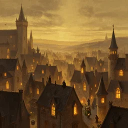 A digital concept art painting of a medieval european town full of candle-lit windows floating in air, hooded figures, golden hour, by Greg Rutkowski, trending on Artstation