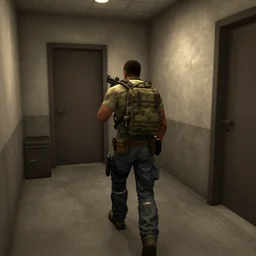 fps screenshot of a man walking in the room, gun, half - life 2