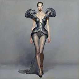 an intricate realistic oil painting of a beautiful fashion model resembling linda evangelista, wearing avant garde high fashion, clothing by alexander mcqueen, clothing by iris van herpen, full body, by tom bagshaw, by karol bak