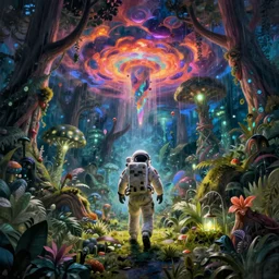 digital art of a surreal jungle, astronaut walking, psychedelic sky, mysterious crazy world, raining at night, glowing trees, pulping sky