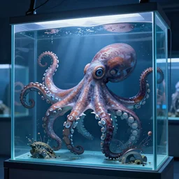 octopus immersed in laboratory glass tanks, blue color scheme, digital illustration, dramatic lighting, cinematic composition, concept art, arknights, detailed textures