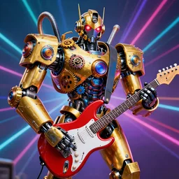 portrait photo of a giant huge golden and blue metal futuristic steampunk robot covered with multicolored big gears and tubes, robot holds a red fender stratocaster, eyes are glowing red lightbulbs, shiny crisp finish, 3 d render, 8 k, insaneley detailed, fluorescent colors, background is multicolored lasershow