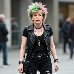 angela merkel as a punk rocker girl, black punk outfit, green pink hair