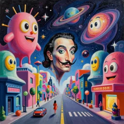 an extremely high quality hd surrealism painting of a 3d galactic neon complimentary-colored cartoon surrealism melting optically illusiony high-contrast zaha hadid multi-pareidolia street by kandsky and salvia dali the epic, salvador dali's much much much much more talented painter cousin, clear shapes, 8k, realistic shading, ultra realistic, super realistic