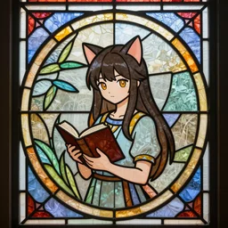 stained glass window geometric, very very beautiful cute anime catgirl, book in hand, art nouveau, trending on artstation pixiv