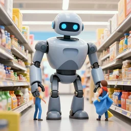 big scary robot watches human clean up aisle at walmart digital art, 3 d high definition, trending on artstation, photorealistic, high resolution, 8 k, octane,, sharp focus, photography, unreal engine