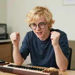 a blonde guy is playing lo 0 l like a nerd
