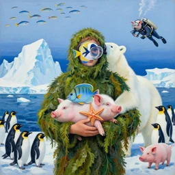 an unusual person holding a tropical fish and a piglet in antarctica, starfish, covered in seaweed, polar bear, icebergs, penguins, schools of fish, scuba, pigs, acrylic on canvas, surrealist, by magritte and monet