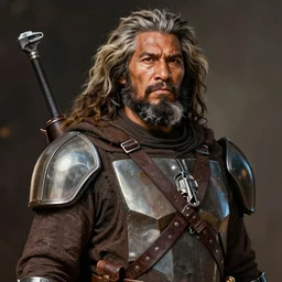 portrait of a man by greg rutkowski, old bounty hanter, samoan features, tall and muscular, epic beard, star wars expanded universe, he is about 8 0 years old, wearing mandalorian gear.