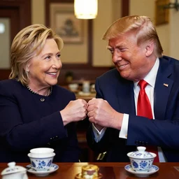 hillary clinton and donald trump drinking chinese tea in a chinese tea house, smiling, fist bumping, friends