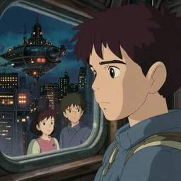 passenger on a dieselpunk airship looking out the window at a nighttime cityscape, studio ghibli still, finely illustrated face, intricately detailed features, digital painting, makoto shinkai, painted by ilya kuvshinov and katsura masakazu and alphonse mucha and satoshi kon