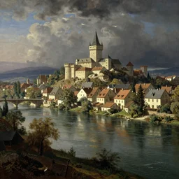 a riverside medieval town, massive river, beautiful, high contrast, morning, albert bierstadt