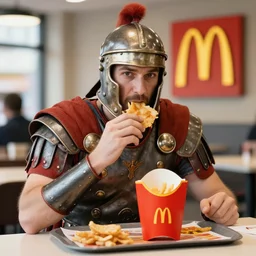 roman legionnaire eating at a mcdonalds, epic
