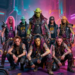 cinematic shot of a scifi post apocalyptic orcish biker gang, psychedelic vibrant colors, punk rock, group photo, by michael whelan art, sharp focus, realistic, highly detailed, 8 k