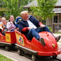 a photo of Donald Trump falling off of a kiddy train, crying, taken in Silver Dollar City