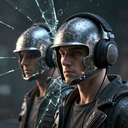 a portrait of a broken brotherhood of steel helmet, wearing headphones, shattered glass and water droplets fly everywhere, refracted light, camera is focused on headphones, unreal engine 5, contrast side light, extremely detailed