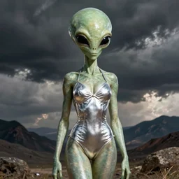beautiful Whitley Streiber Roswell grey alien extraterrestrial species female babe in a tight fitting silver metallic bikini spacesuit, , big pear-shaped head, green skinned, big black almond shaped alien eyes by Mort Kunstler and Gil Elvgren