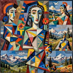 beautiful, insane, bizarre, wacky, mixed media collage, dadaist, picasso, giraud, kinkade, artstation, vivid, hyper detailed, digital art, deep and dense coloration,