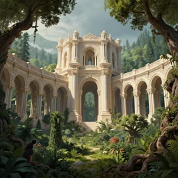 gigantic palace, arches adorned pillars, towers, archways, gnarly trees, lush vegetation, forrest, landscape, raphael lacoste, eddie mendoza, alex ross, concept art, matte painting, highly detailed, rule of thirds, dynamic lighting, cinematic, detailed, denoised, centerd