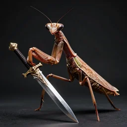 portrait of brown anthropomorphic mantis religiosa ; hard predatory look ; d & d rogue ; powerful front forelegs holding an enchanted dagger ; flat triangle - shaped head with thin thread - like antennae ; concept art ; artstation ; 8 k ; wallpapers ; heavy contrast ; cinematic art ; cgsociety ; art by greg rutkowski and artgerm