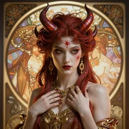 hyper detailed ultra sharp of an attractive beautiful demon, volumetric lightening, octane render, high quality, fully detailed, 4 k, alphonse mucha, masterpiece, stunning