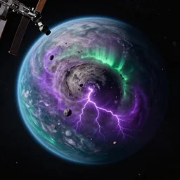 view of the planet down below. space station pov. screenshot from the new sci - fi film directed by denis villeneuve 4 k. cinema. close orbital of a new alien world nested within an asteroid belt nebula. purple and green lightning aurora upon it's surface.