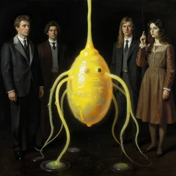 human amoeba by norman rockwell and gil elvgren and greg rutkowski and magali villeneuve and gerald brom, chiaroscuro!!, opaque yellow liquid, floating, tendrils, ooze, hyperrealism, surrealism