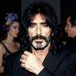 a close up portrait of frank zappa with background scenery by juergen teller, iris van herpen rankin, ring - flash