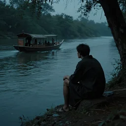 a man sits at the edge of a river in the underworld waiting for the ferryman charon, beksinksi, dark and moody,
